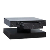 Modern black square coffee table with marble finish and hidden storage drawer