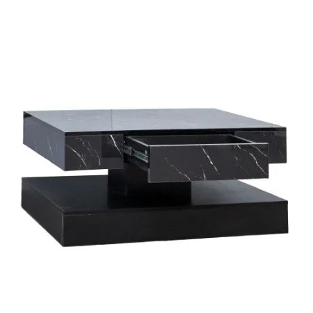 Modern black square coffee table with marble finish and hidden storage drawer