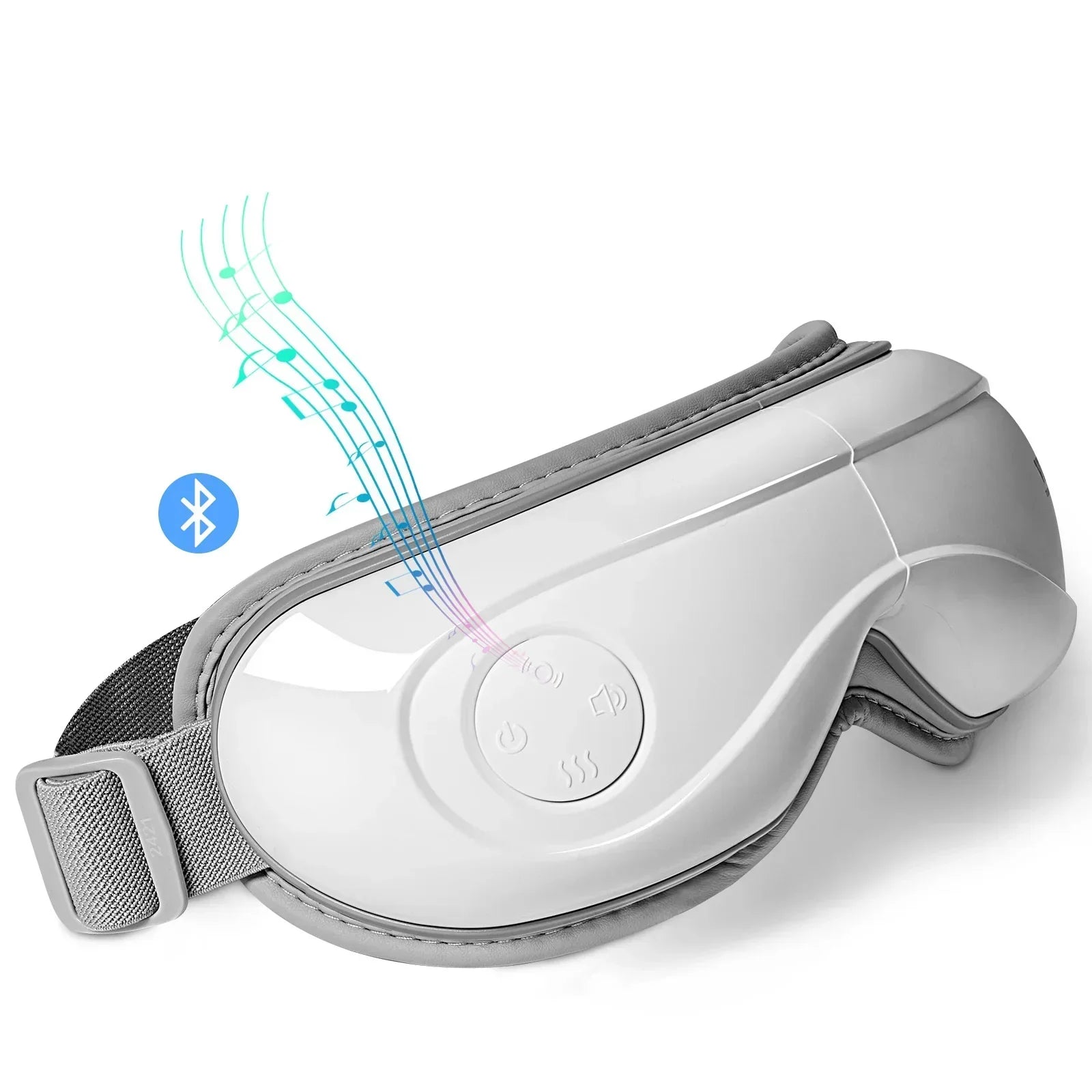 Futuristic white and gray eye massager with adjustable strap, Bluetooth, and music notes icons