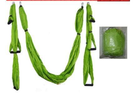 Green nylon aerial yoga hammock with handles, compact storage bag included