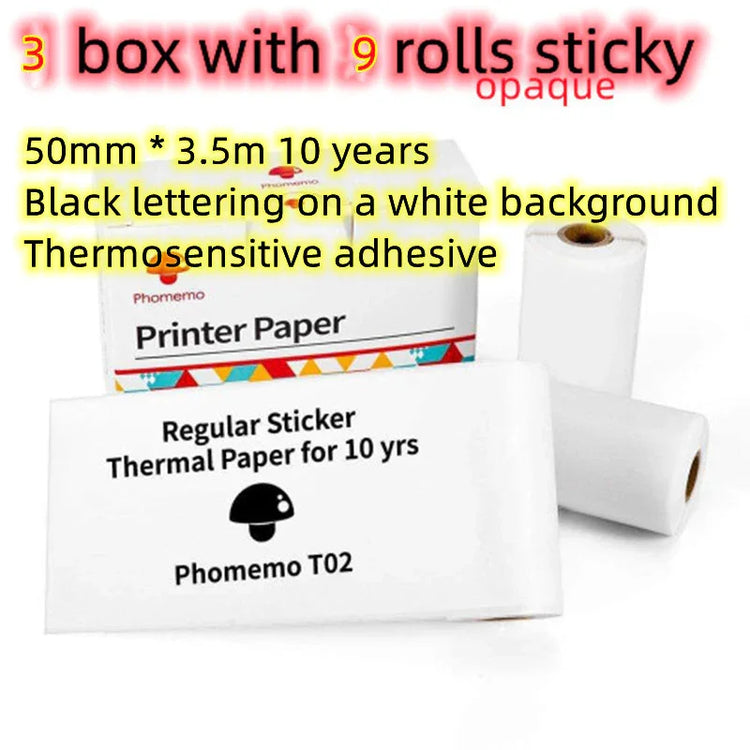 Three rolls of white thermal sticker printer paper, regular fit, with black text on each roll.