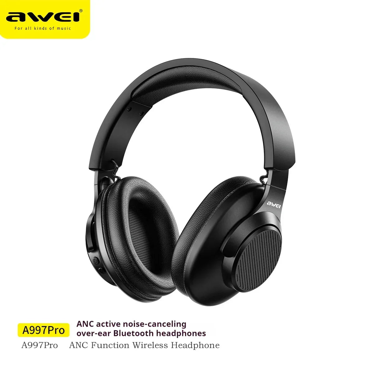 Black over-ear headphones with padded ear cups and adjustable headband, wireless design