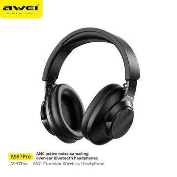 Black over-ear headphones with padded ear cups and adjustable headband, wireless design