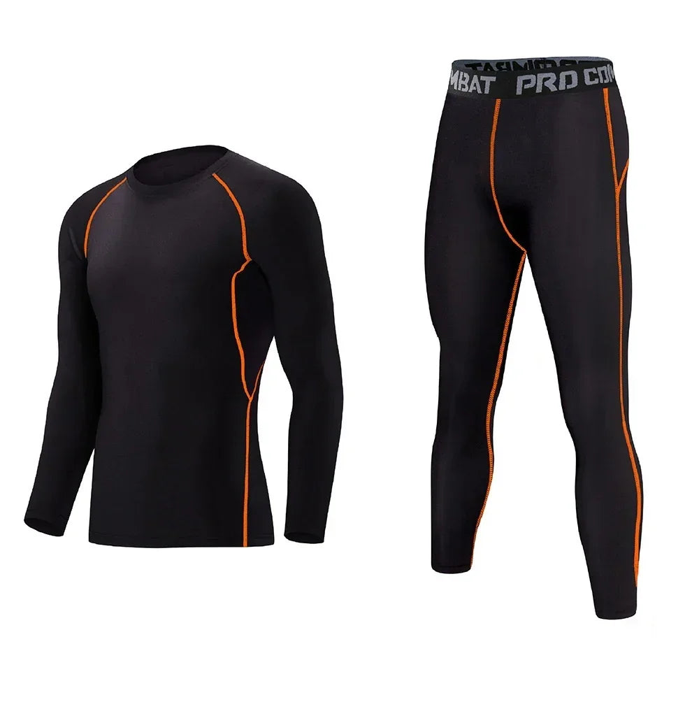 Black long sleeve athletic compression set with orange stitching, slim fit, synthetic fabric