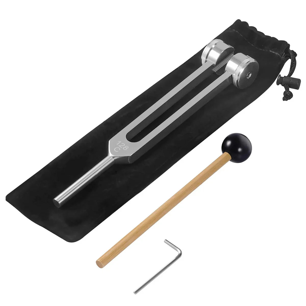 Metal tuning fork with weighted ends, rubber mallet, and L-shaped tool on black pouch