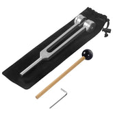 Metal tuning fork with weighted ends, rubber mallet, and L-shaped tool on black pouch
