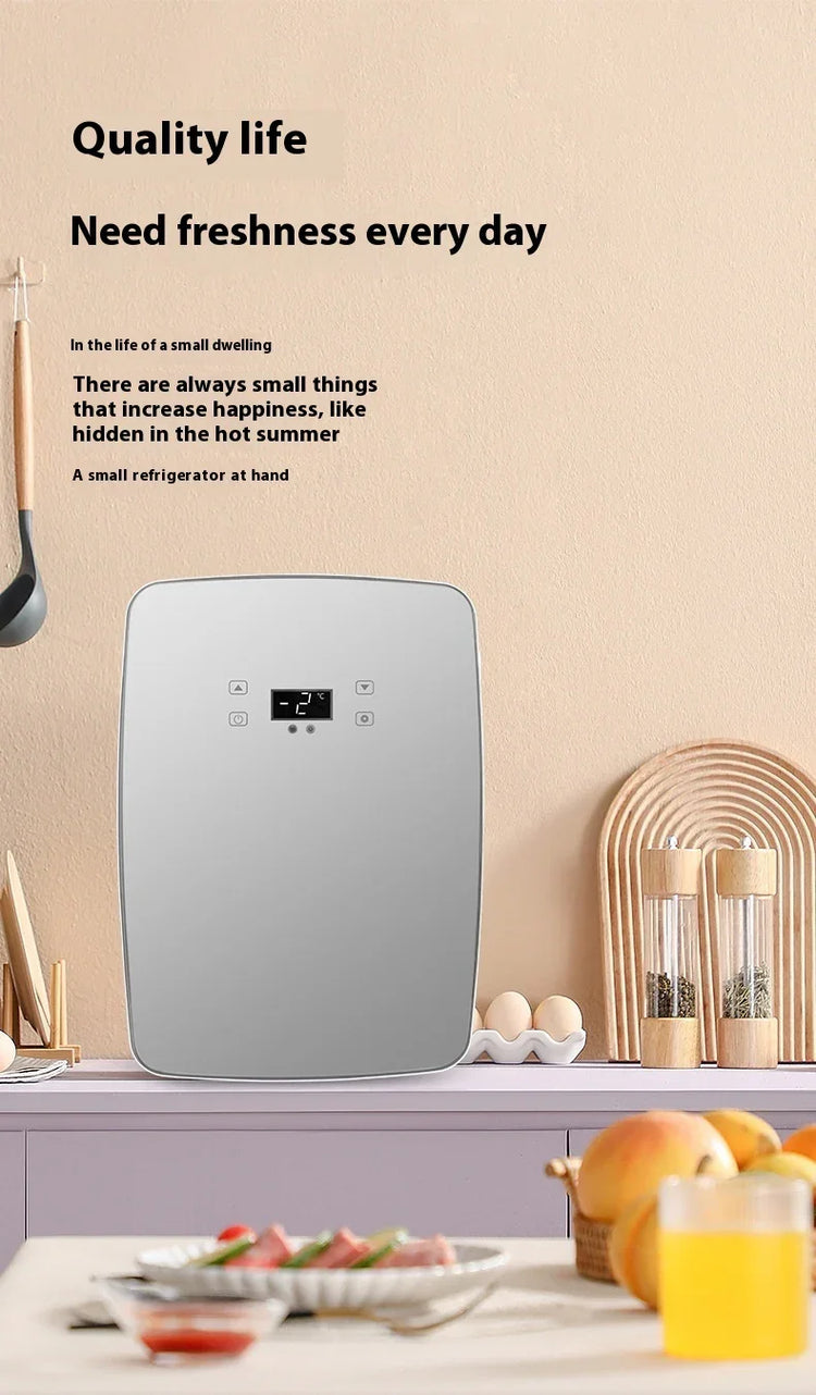 Minimalist kitchen countertop with a sleek silver compact refrigerator, eggs, spices, and fruit.