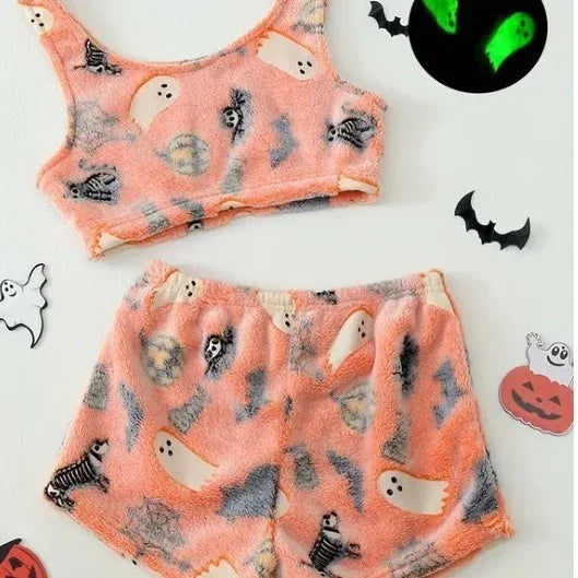 Fuzzy peach-colored tank top and shorts set with Halloween ghost and skeleton print, relaxed fit