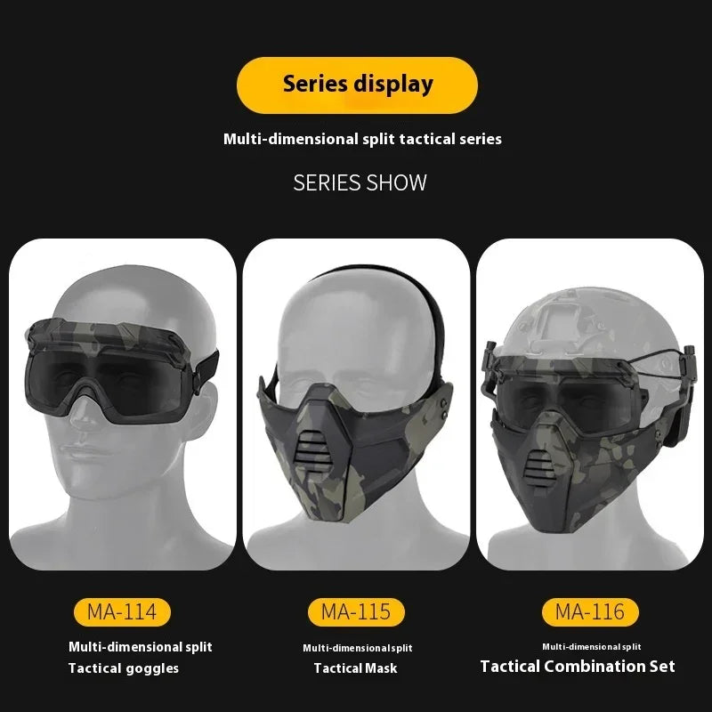Camouflage tactical goggles, mask, and full-face combination set displayed on mannequins.