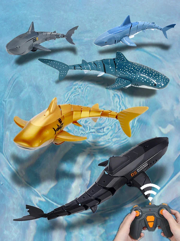 Assorted colorful remote control robotic fish toys swimming in clear blue water, close-up.