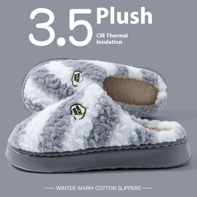 Grey and white plush cotton slippers with thick sole and soft fuzzy material for winter