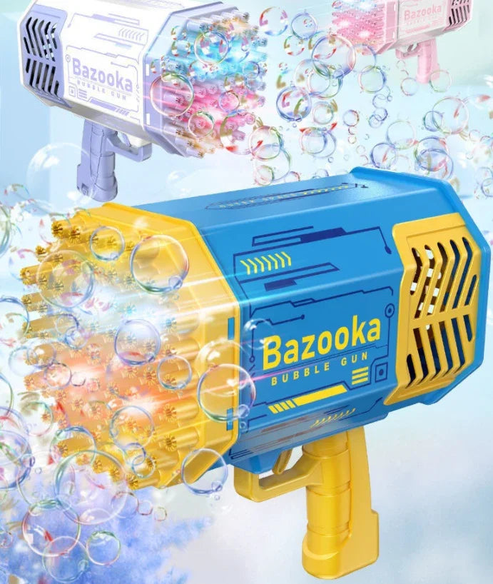 Colorful plastic bubble guns in blue, yellow, and white with multiple nozzles blowing bubbles
