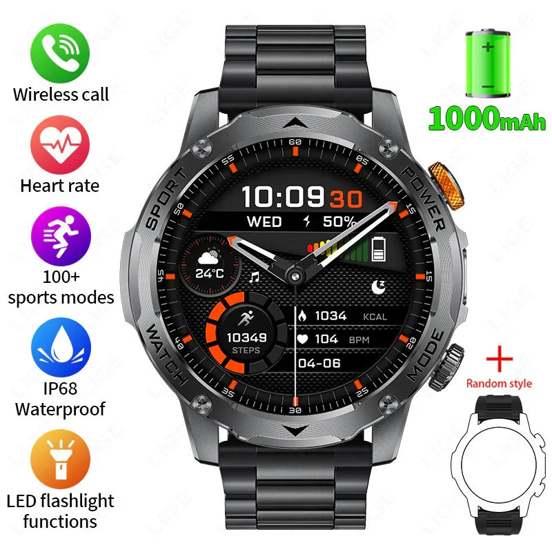Futuristic black metal smart watch with round dial, fitness tracking, waterproof design, LED flashlight features, and multiple sport modes displayed on digital face.