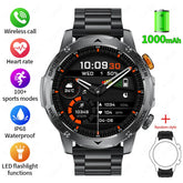 Futuristic black metal smart watch with round dial, fitness tracking, waterproof design, LED flashlight features, and multiple sport modes displayed on digital face.