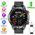 Futuristic black metal smart watch with round dial, fitness tracking, waterproof design, LED flashlight features, and multiple sport modes displayed on digital face.