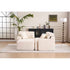 Cream boucle modern armchairs with plush cushions in a minimalist living room setting