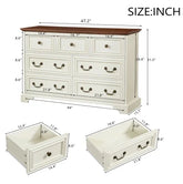 White wooden dresser with brown top, seven drawers, classic handles, and detailed measurements.