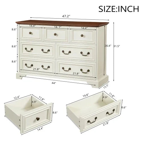 White wooden dresser with brown top, seven drawers, classic handles, and detailed measurements.