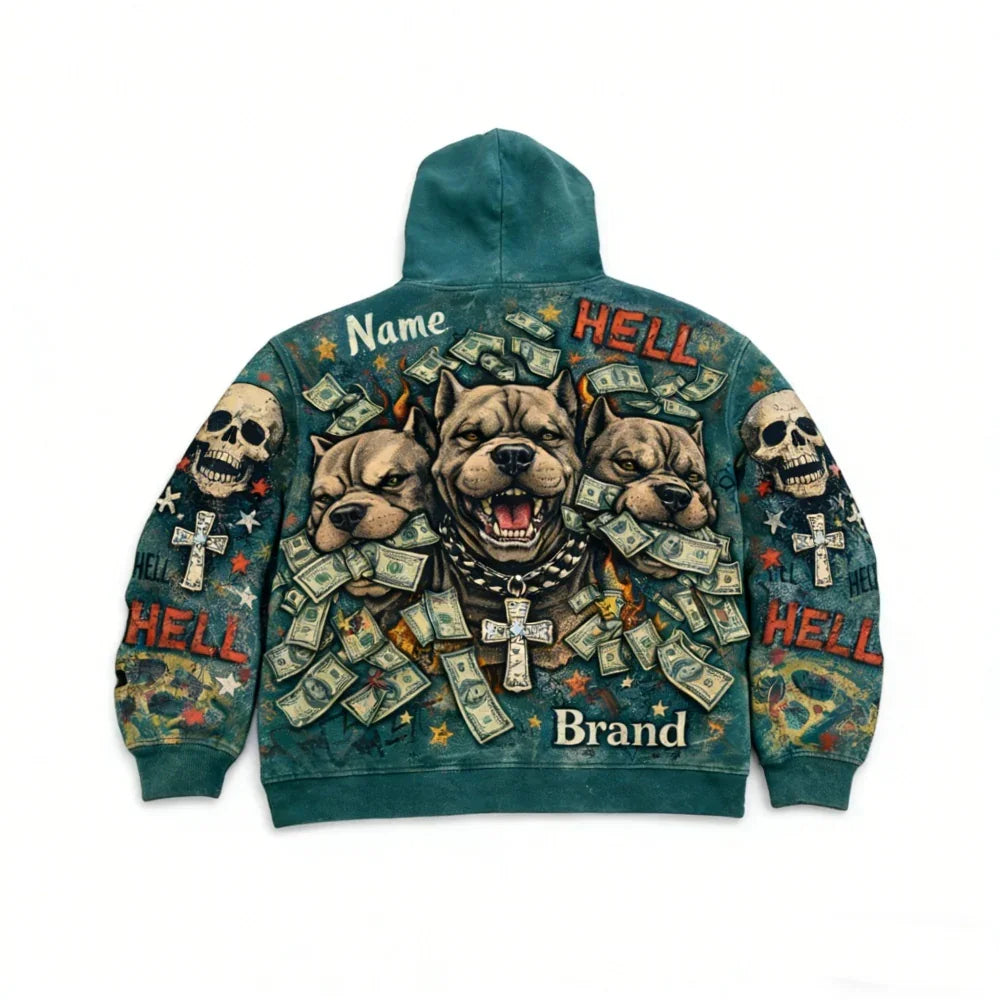 Teal streetwear hoodie with bold graphic pitbulls, skulls, dollar bills, flames, and graffiti text.
