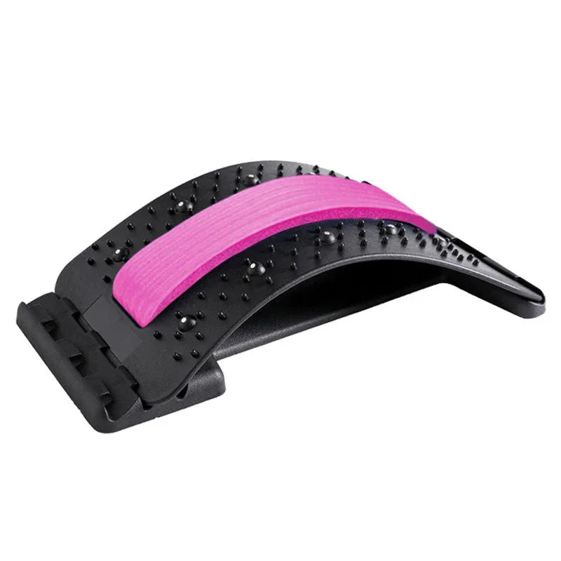 Black and pink adjustable back stretcher with spiked massage surface, ergonomic design