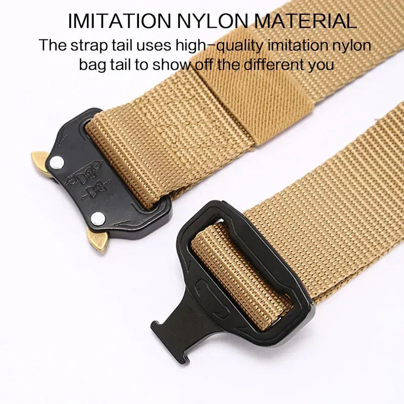 Tan imitation nylon tactical belt with black metal buckle, close-up on material and clasp.