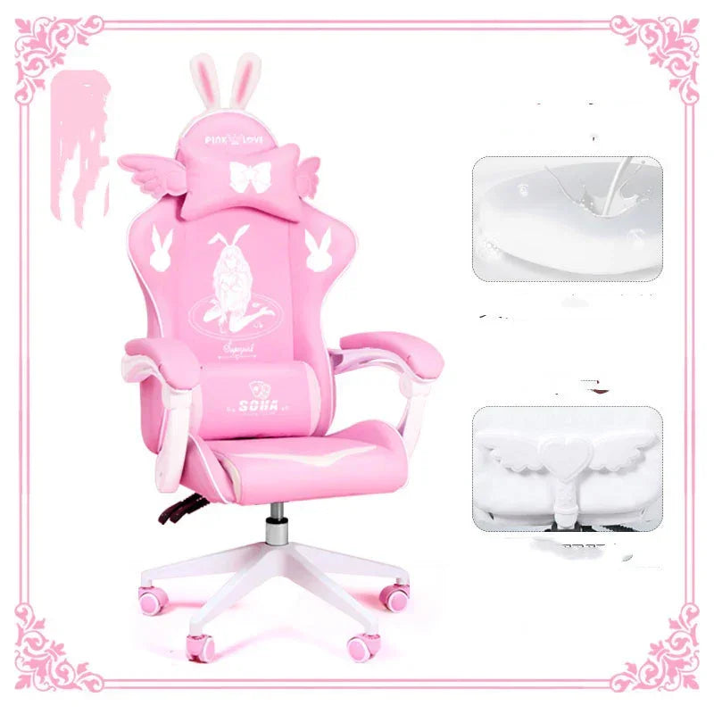 Pink ergonomic gaming chair with bunny ears, winged details, and cushioned armrests