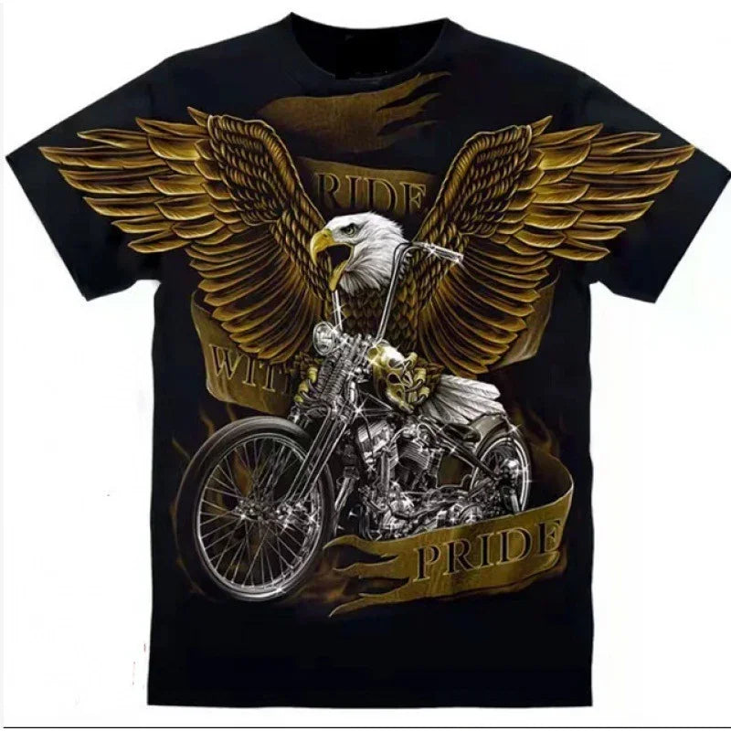 Black streetwear t-shirt with bold eagle, motorcycle, and gold letter graphic print, relaxed fit