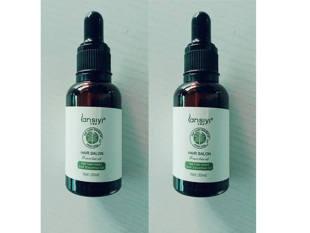 Two brown glass dropper bottles with white labels for hair salon essential oil, 30ml each, on light background.