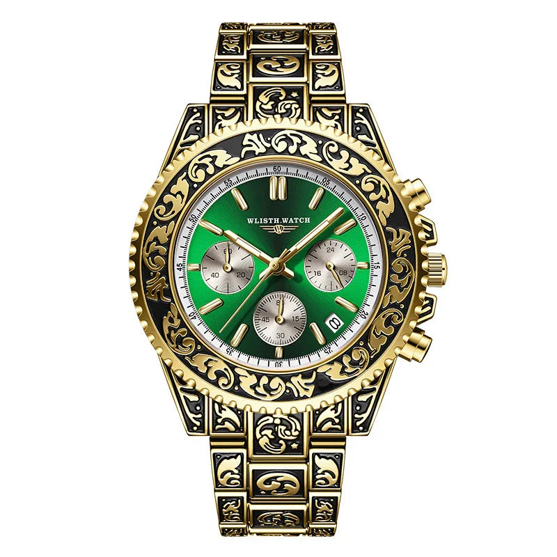 Gold and black engraved metal watch with green dial and silver subdials, luxury streetwear style