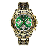 Gold and black engraved metal watch with green dial and silver subdials, luxury streetwear style