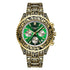 Gold and black engraved metal watch with green dial and silver subdials, luxury streetwear style