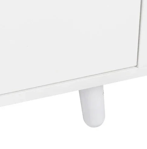 Close-up of modern white cabinet with smooth finish and round leg