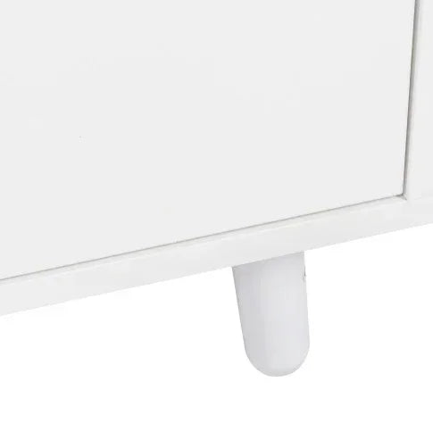 Close-up of modern white cabinet with smooth finish and round leg
