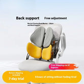 Adjustable ergonomic back support cushion in gray and yellow on office chair, breathable mesh material, promotes comfortable posture.