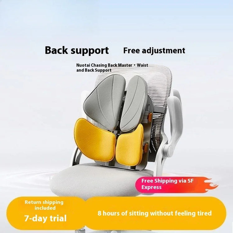 Adjustable ergonomic back support cushion in gray and yellow on office chair, breathable mesh material, promotes comfortable posture.