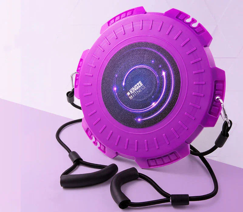 Purple futuristic exercise resistance band with round plastic case and foam handles