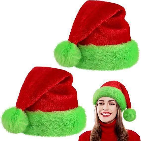 Red and green faux fur Santa hat, festive streetwear, soft plush material, relaxed fit