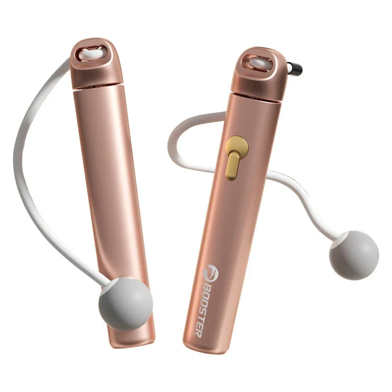 Metallic rose gold wireless jump rope with adjustable white silicone rope and gray weighted balls