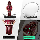 Burgundy luxury wristwatch with leather strap, waterproof, luminous dial, and durable glass.