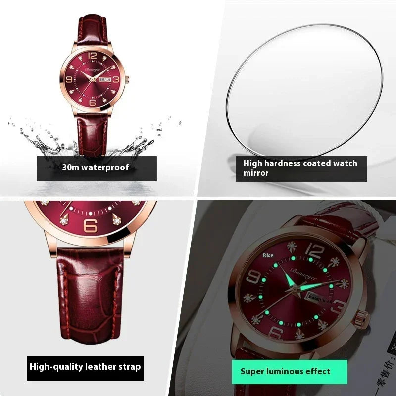 Burgundy luxury wristwatch with leather strap, waterproof, luminous dial, and durable glass.