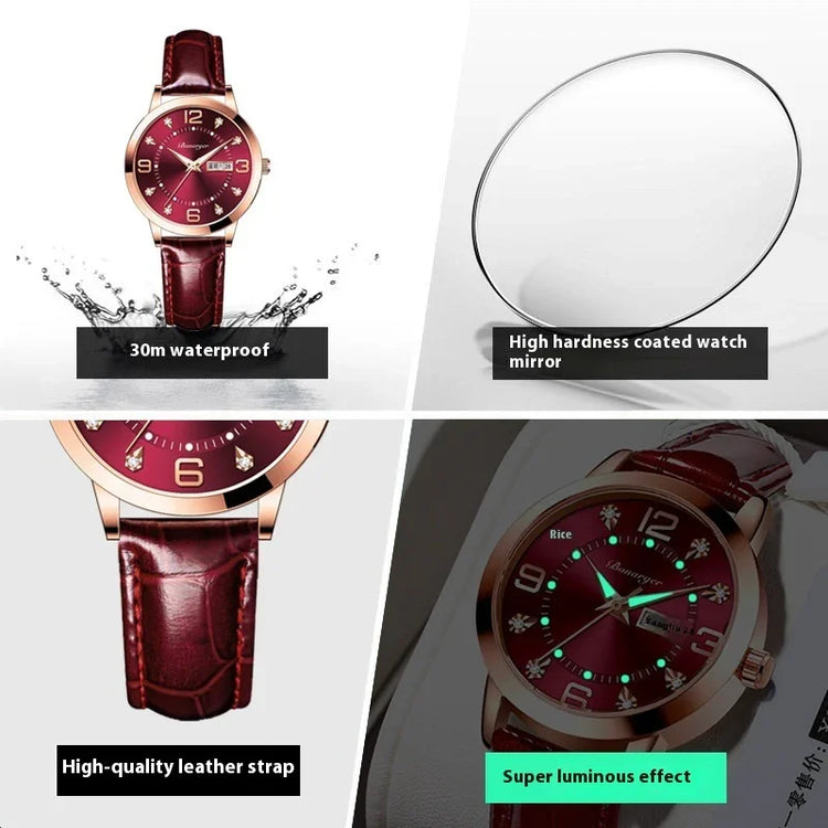 Burgundy luxury wristwatch with leather strap, waterproof, luminous dial, and durable glass.
