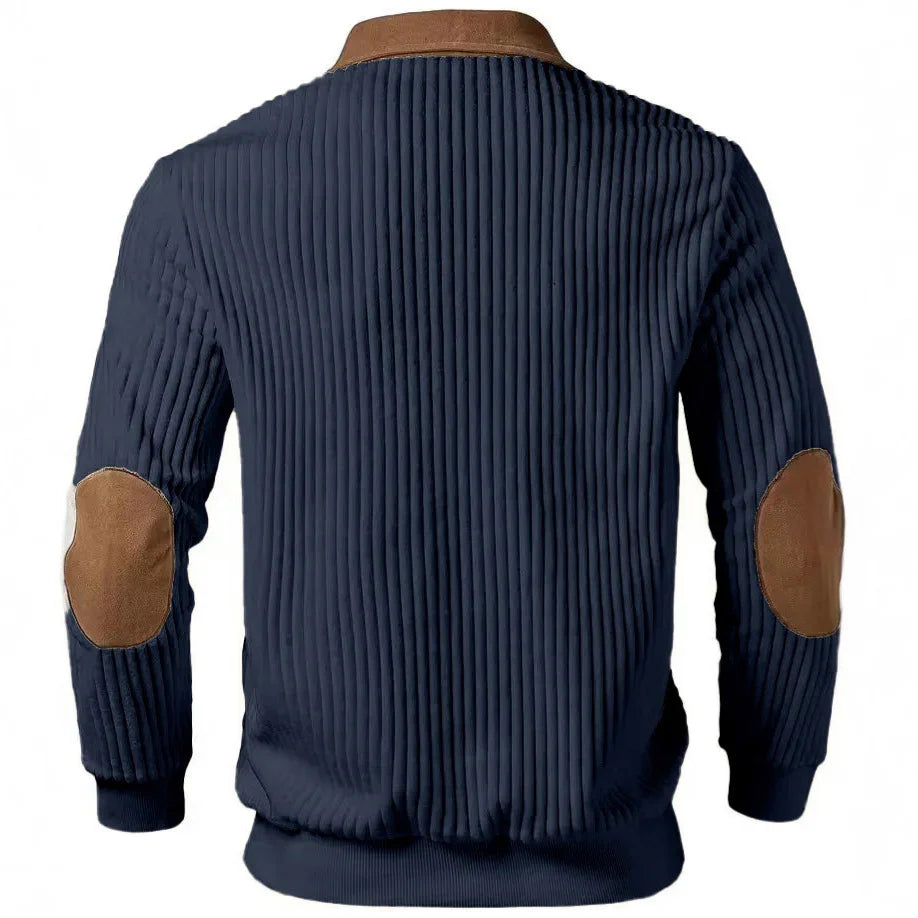 Navy ribbed sweater with brown suede elbow patches and collar, relaxed fit streetwear