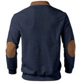 Navy ribbed sweater with brown suede elbow patches and collar, relaxed fit streetwear