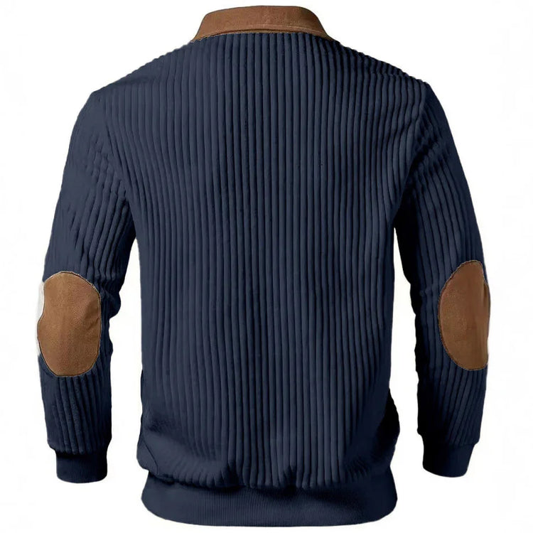 Navy ribbed sweater with brown suede elbow patches and collar, relaxed fit streetwear