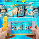 Colorful swimsuits in a pool, lightweight and secure fits, captured through a waterproof phone case.