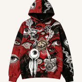 Red and black streetwear hoodie with surreal eye graphic print, relaxed fit, cotton blend