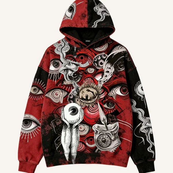 Red and black streetwear hoodie with surreal eye graphic print, relaxed fit, cotton blend