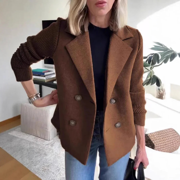 Woman wearing a brown wool double-breasted blazer with ribbed knit sleeves and casual fit
