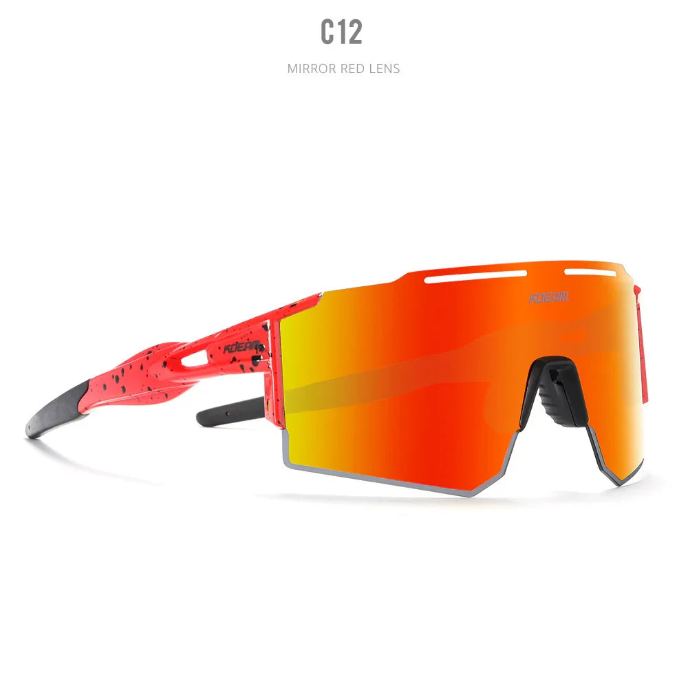 Futuristic red sunglasses with wide mirror red lens, sporty fit, and angular design.