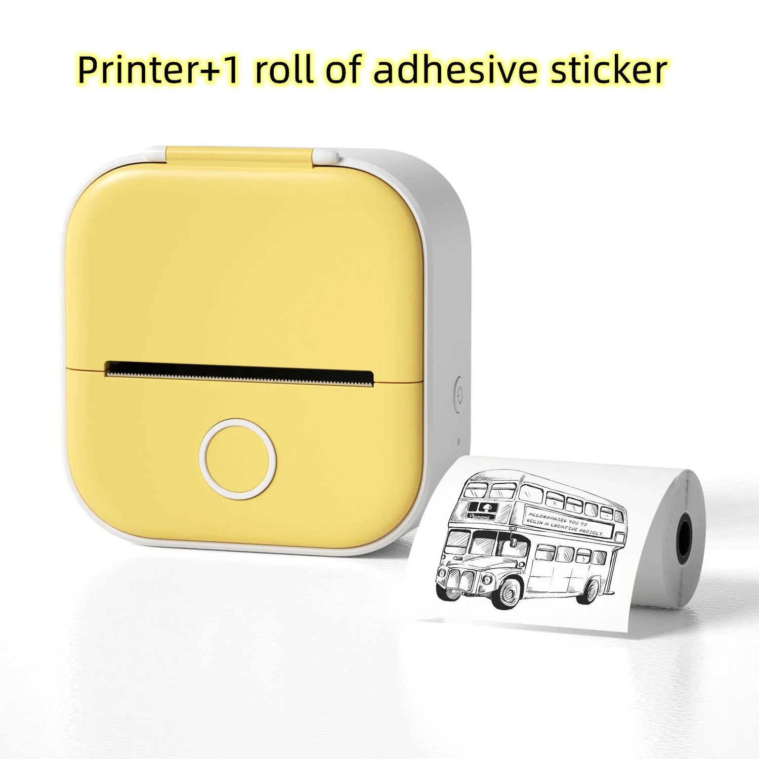 Yellow compact portable sticker printer with adhesive paper roll, modern design